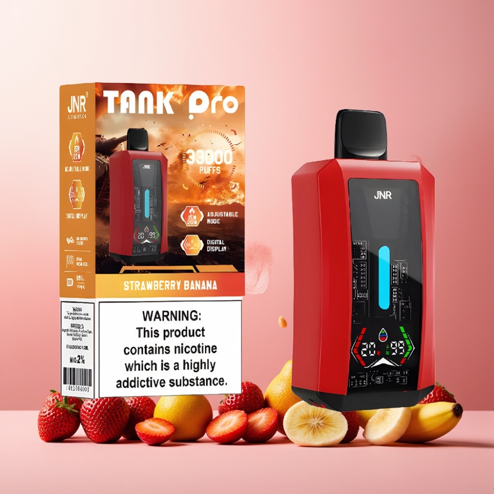 JNR Tank Pro 33000 Puffs Norge Engros Vape til engangsbruk Jordbær/Banana med Digital Display, Dual Mesh Coil & Type-C Lading