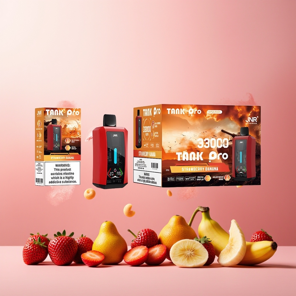 JNR Tank Pro 33000 Puffs Norge Engros Vape til engangsbruk Jordbær/Banana med Digital Display, Dual Mesh Coil & Type-C Lading