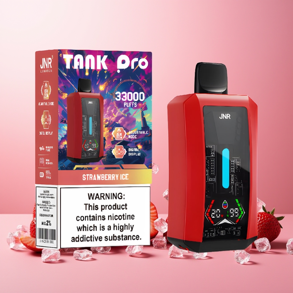 JNR Tank Pro 33000 Puffs Norge Engros Vape til engangsbruk Jordbær Is med Digital Display, Dual Mesh Coil og Type-C Lading