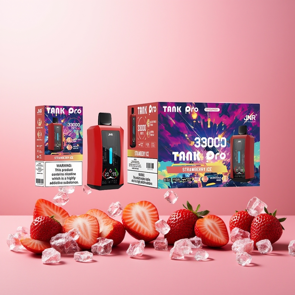 JNR Tank Pro 33000 Puffs Norge Engros Vape til engangsbruk Jordbær Is med Digital Display, Dual Mesh Coil og Type-C Lading