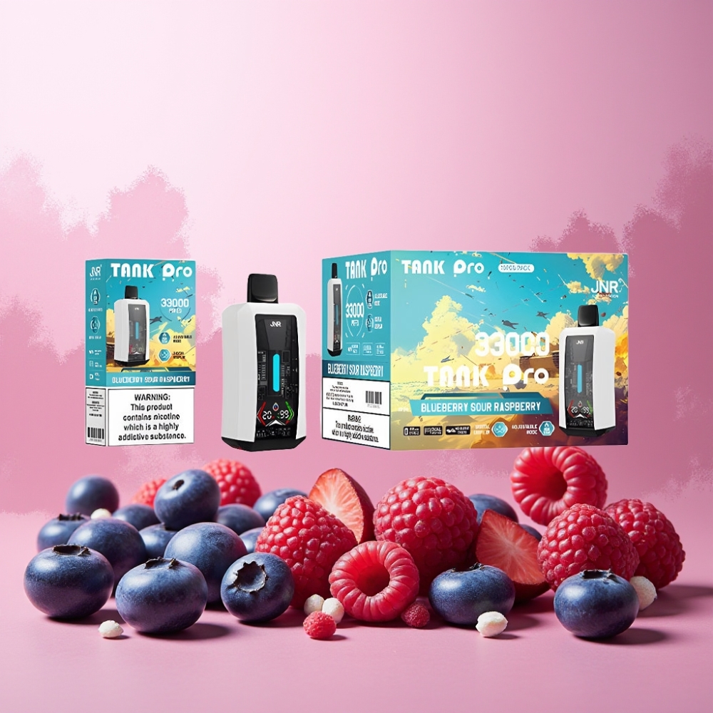 JNR Tank Pro Norge Engros 33000 Puffs Vape til engangsbruk Blåbær Sur Bringebær med Digital Display, Dual Mesh Coil og Type-C Lading