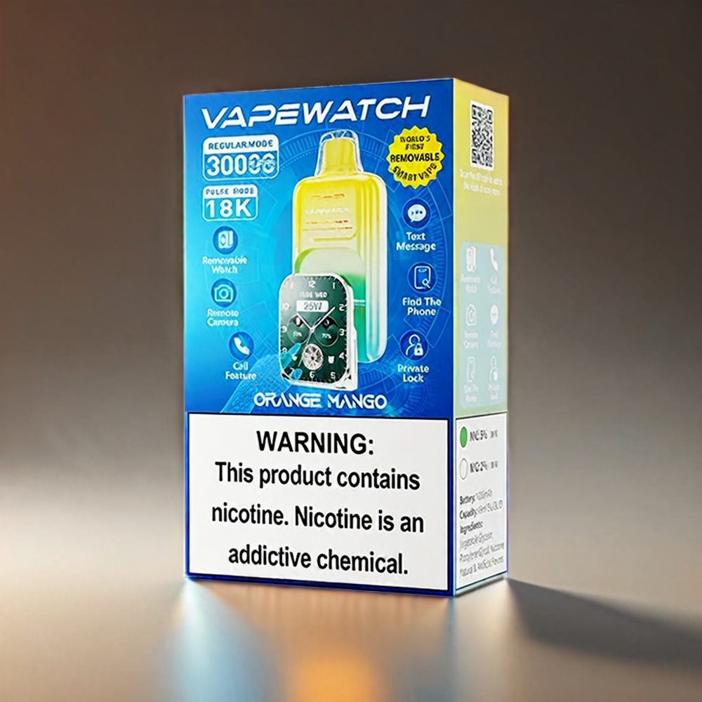 JNR Vape Watch 30000 Puffs Norge Engros – 1000mAh batteri, 19mL e-væske, 5% nikotin – Oransje Mango – Dual Mesh Coil, Type-C lading