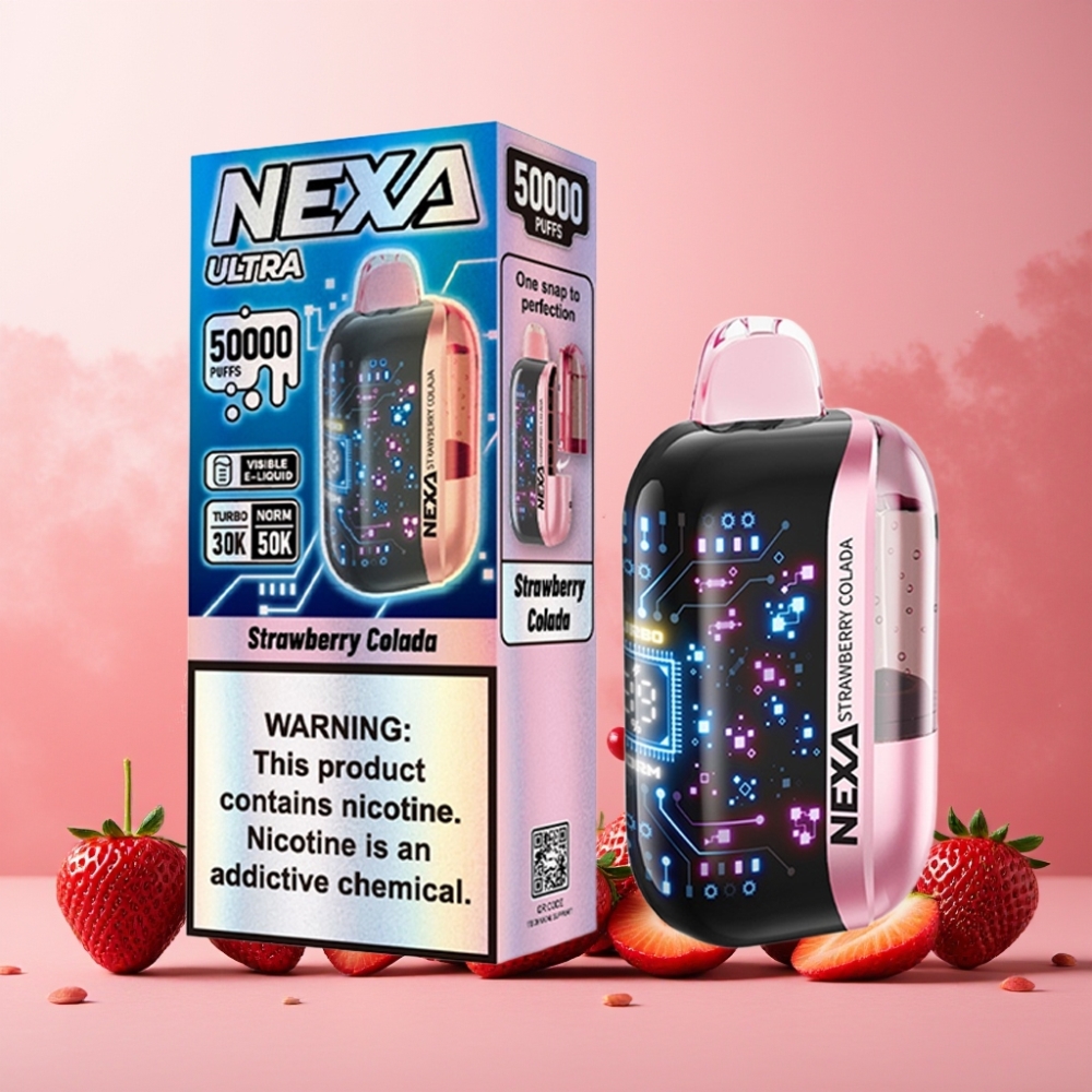 NEXA Ultra 50K Norge Engros Vape til engangsbruk Jordbær Colada – 20ml Kapasitet, 50000 Puffs, 5% Nikotin, 0.9ohm Dual Mesh Coils