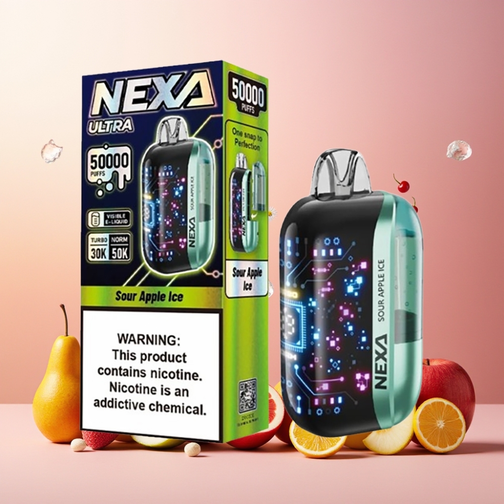 NEXA Ultra 50K Norge Engros Vape til engangsbruk Sour Apple Ice 20ml 50000 Puffs 5% Nikotin Type-C Lading 3D Kurvet Skjerm