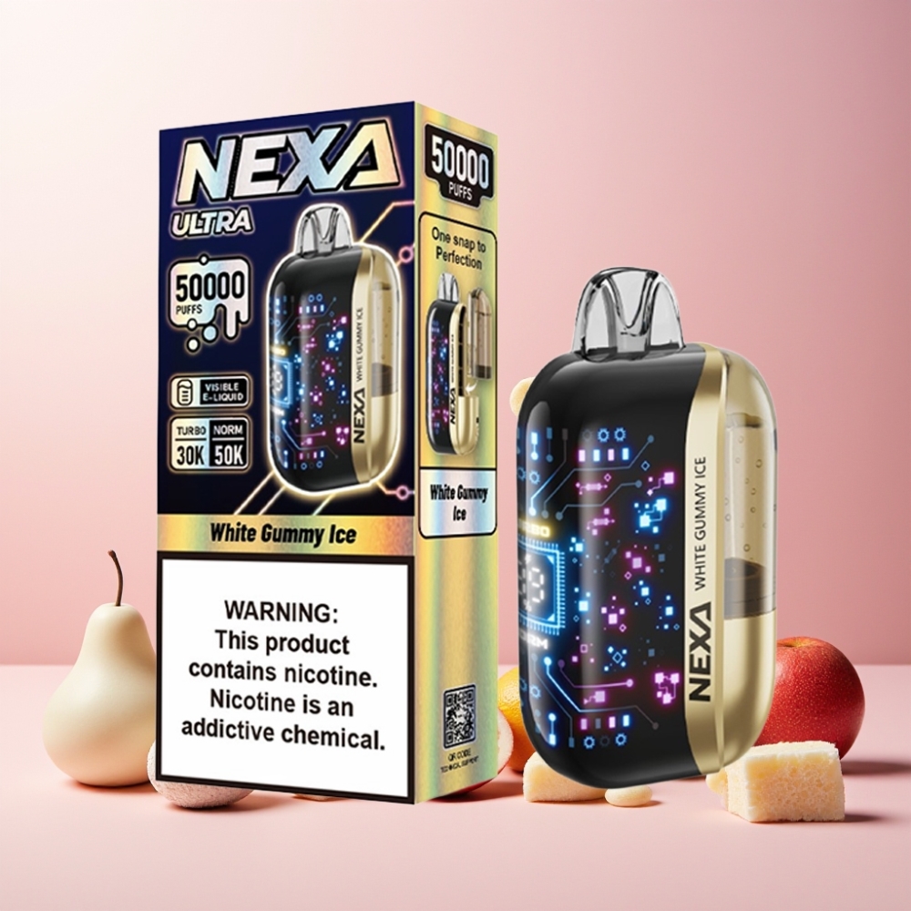 Norge engros NEXA Ultra 50K Vape til engangsbruk 20ml 5% Nikotin Hvit Gummy Is 800mAh Type-C Lading 0.9ohm Dual Mesh Coiler