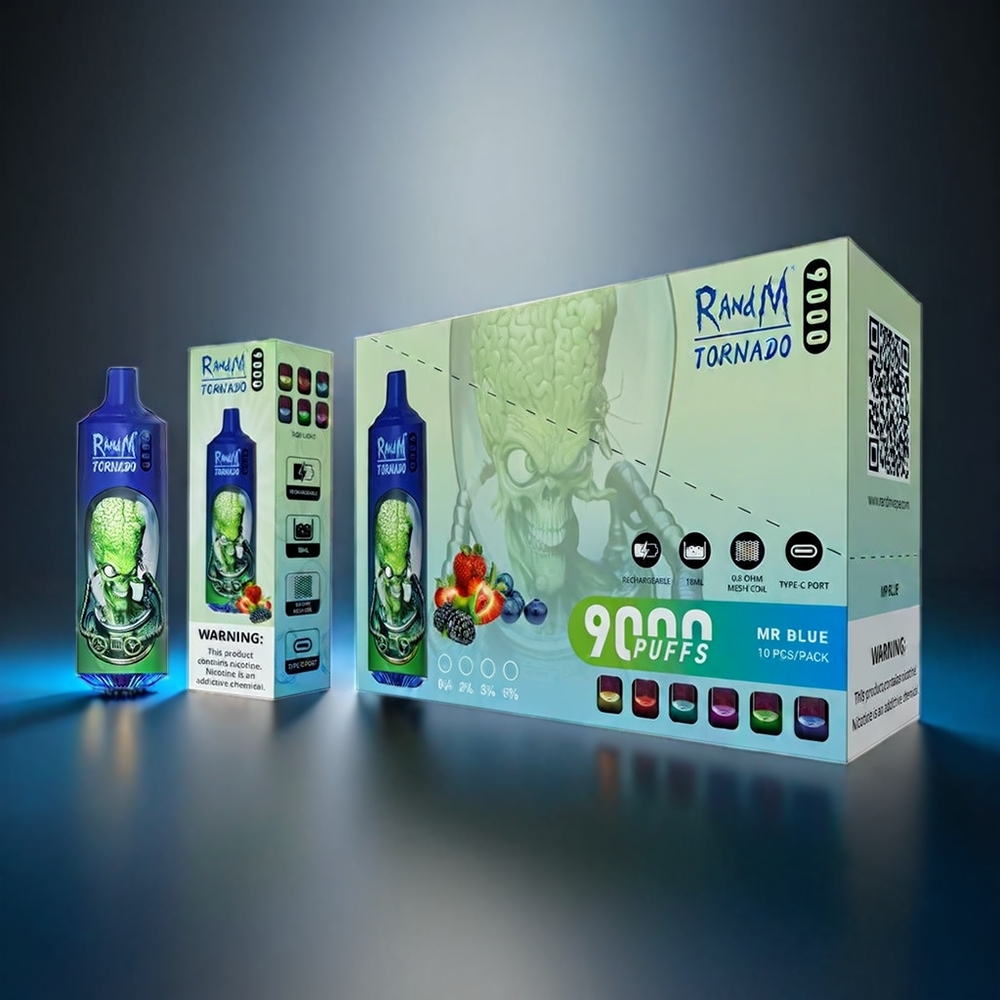 RandM Tornado 9000 Puffs Norge Engros – 18 mL, 850 mAh Gjenoppladbar, Mesh Coil, RGB Display, Mr Blå