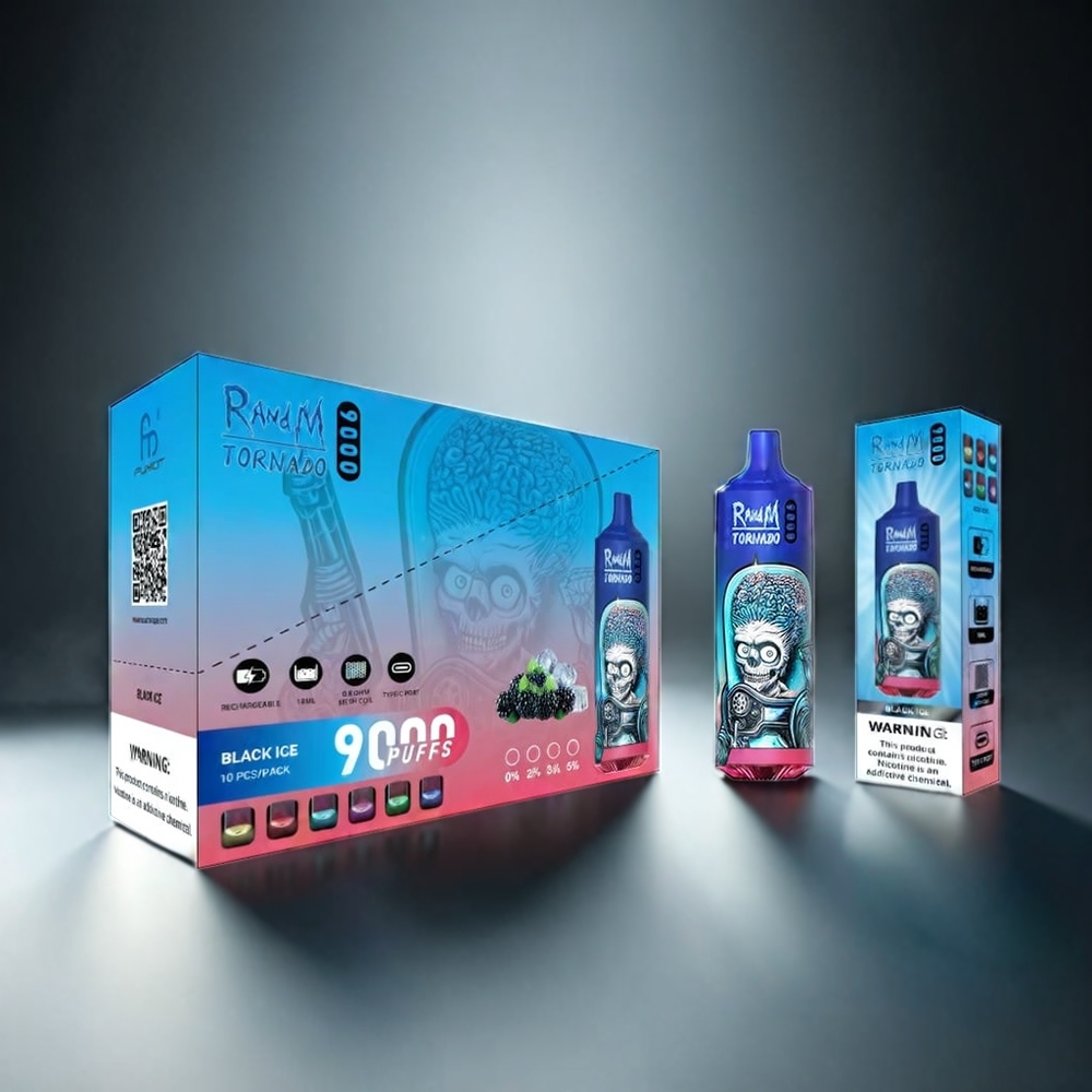 RandM Tornado 9000 Puffs Norge Engros – 18 mL E-liquid, 850 mAh Batteri, Mesh Coil, Svart Is (Black Ice)