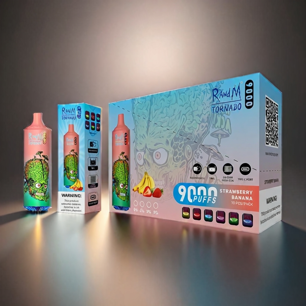RandM Tornado 9000 Puffs Norge Engros – 850 mAh, 18 mL, Mesh Coil – Jordbær Banan