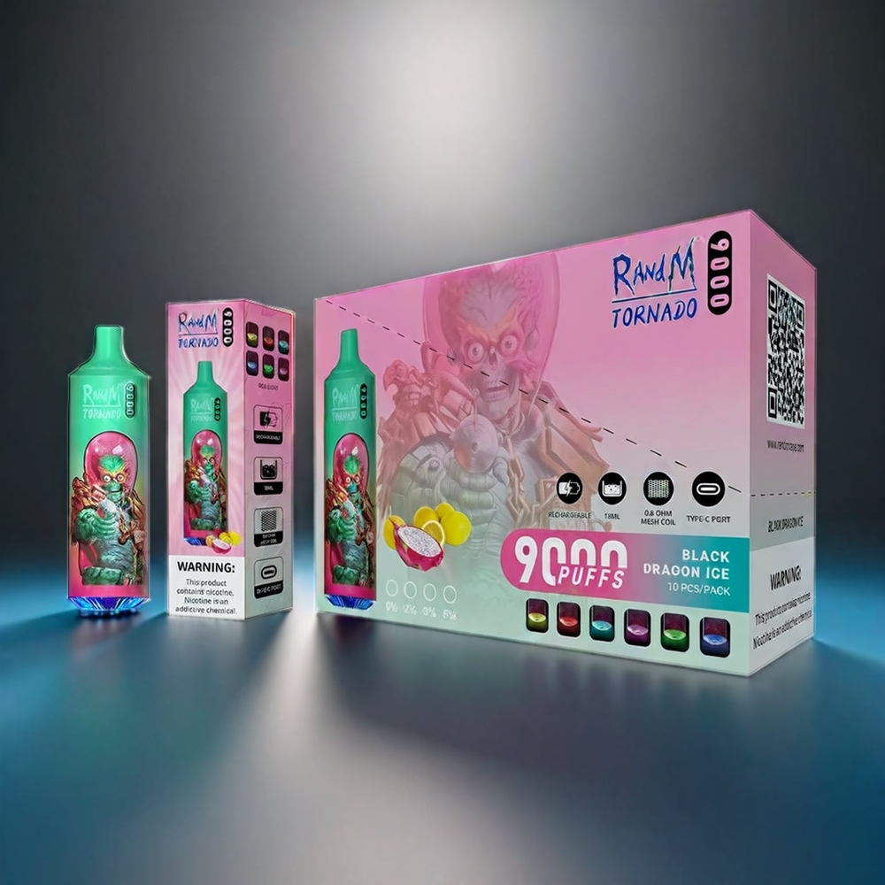RandM Tornado 9000 Puffs Norge Engros – 850 mAh Batteri, 18 mL E-væske, Mesh Coil, RGB Display, Blå Bringebær Kush