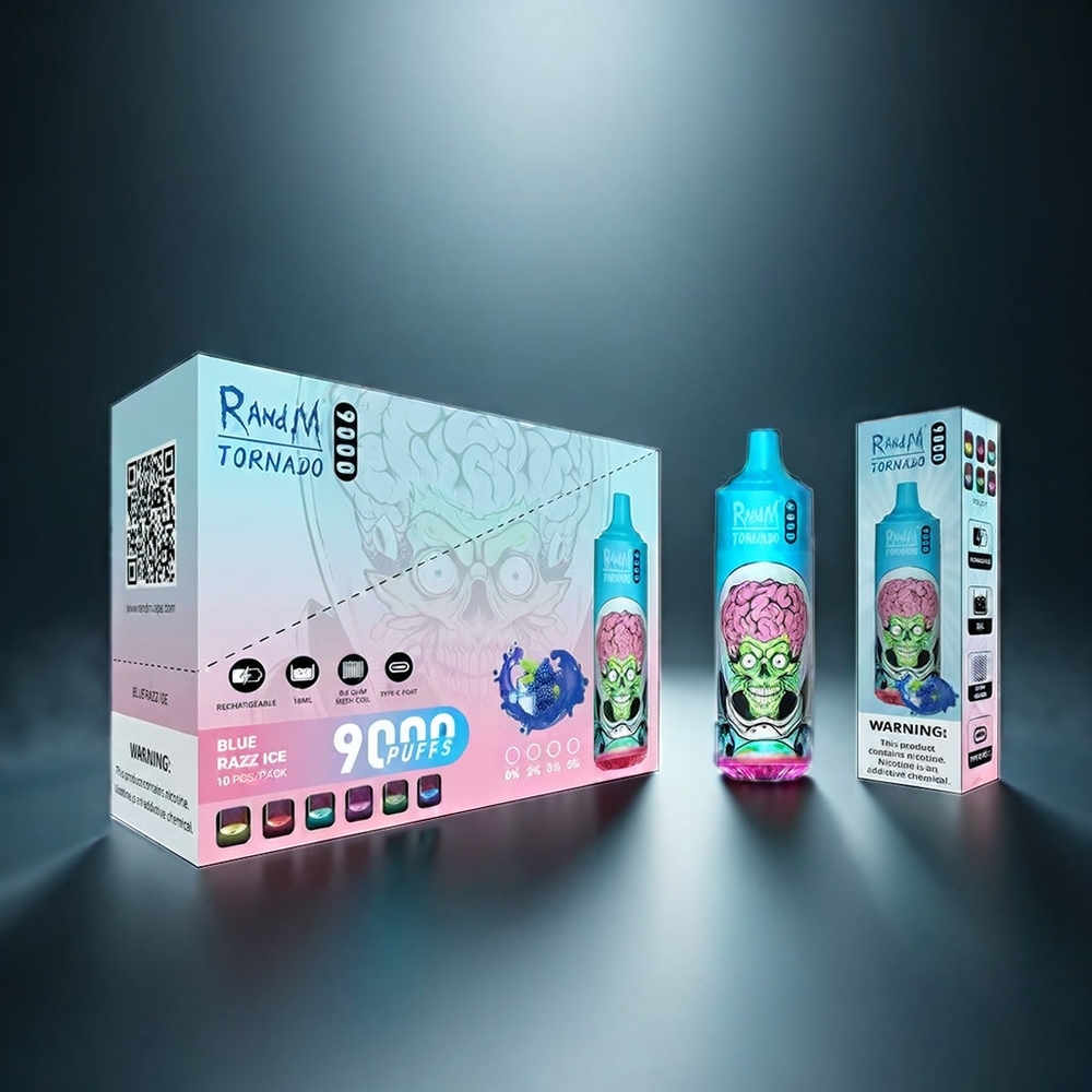 RandM Tornado 9000 Puffs Norge Engros – 850 mAh Batteri, 18 mL E-væske, Mesh Coil, RGB Display, Svart Drake Is
