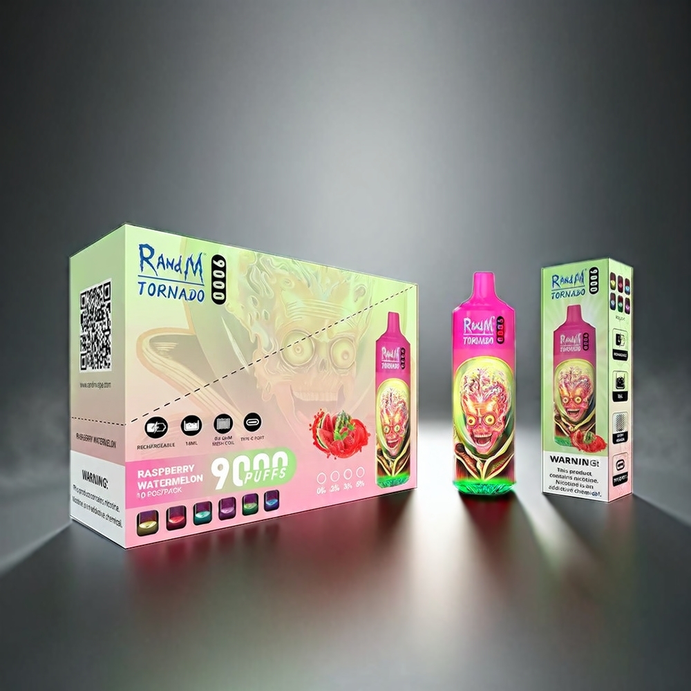 RandM Tornado 9000 Puffs Norge Engros – 850 mAh Batteri, 18 mL Væske, Mesh Coil, Bringebær Vannmelon