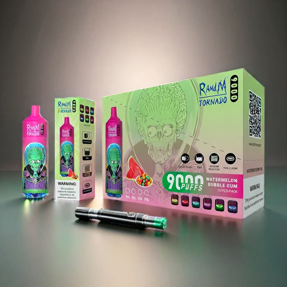 RandM Tornado 9000 Puffs Norge Engros – 850 mAh Batteri, 18 mL Væske, Mesh Coil, Vannmelon Bubble Gum Smak