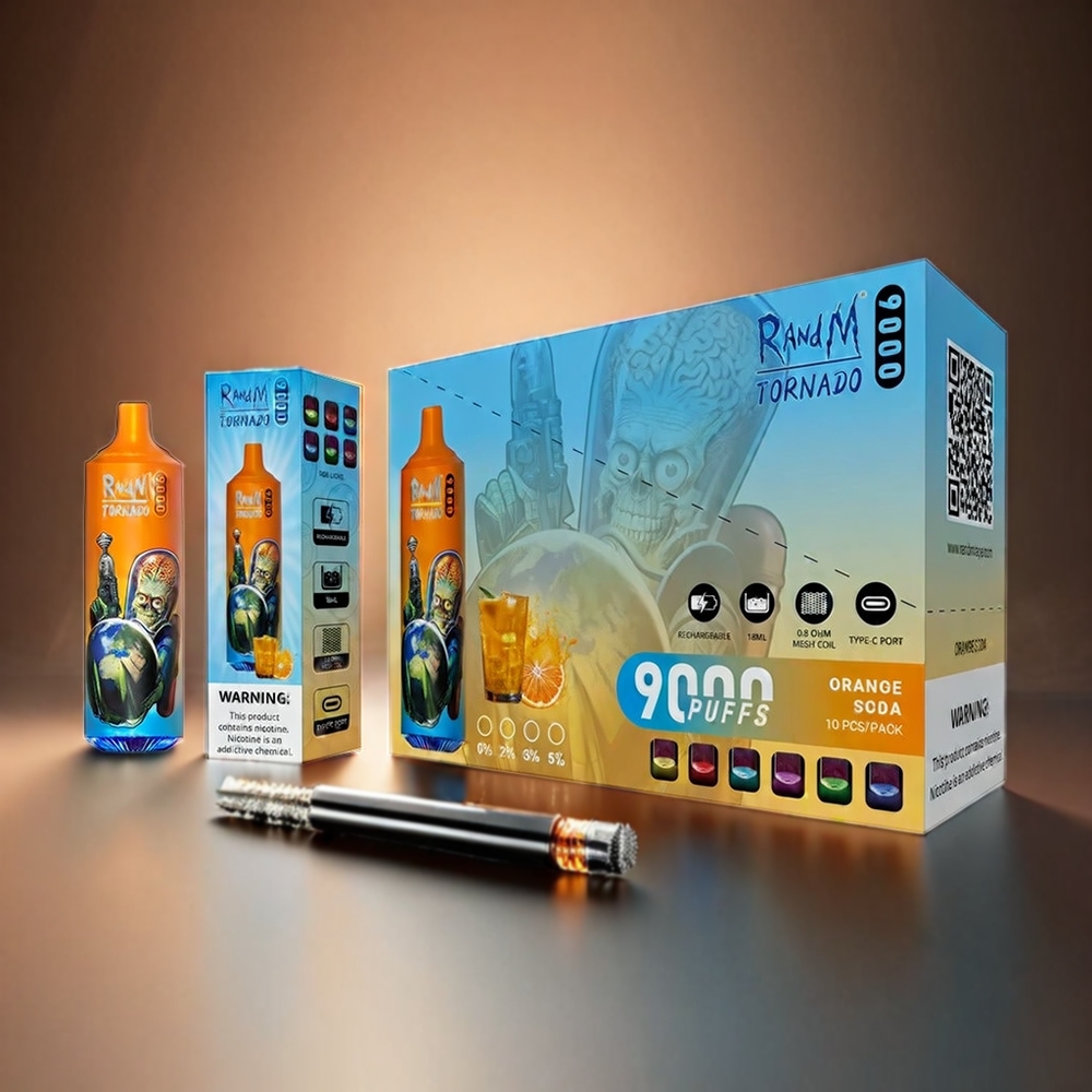 RandM Tornado 9000 Puffs Norge Engros – 850 mAh Gjenoppladbar, 18 mL E-væske, Mesh Coil, Appelsin Soda, 54 Smaksvarianter