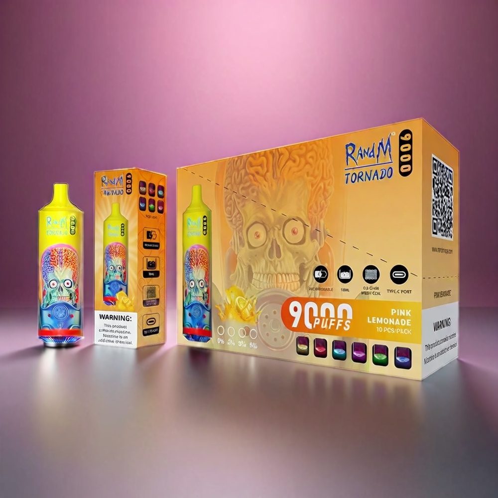 RandM Tornado 9000 Puffs Norge Engros – 850 mAh Oppladbar, 18 mL Væske, Mesh Coil, Rosa Sitron