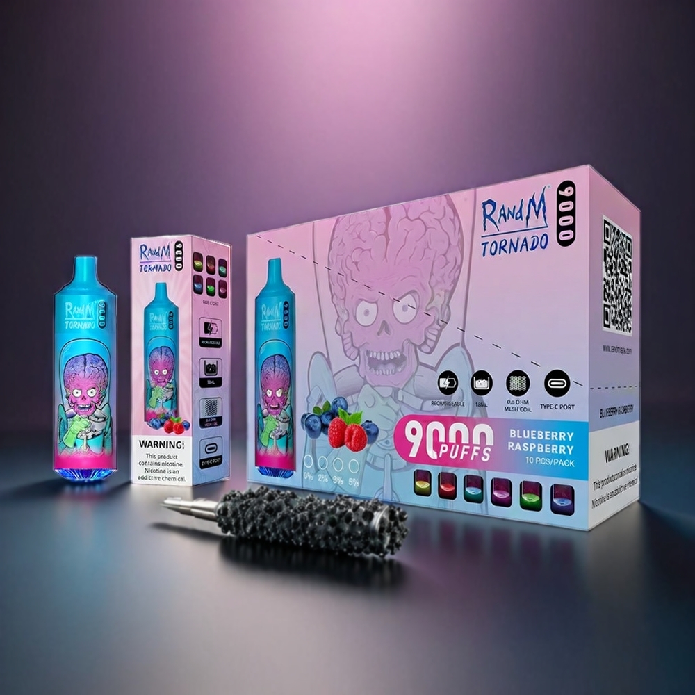 RandM Tornado 9000 Puffs Norge Engros – Blåbær og Bringebær – 850 mAh – 18 mL – Mesh Coil – RGB Display