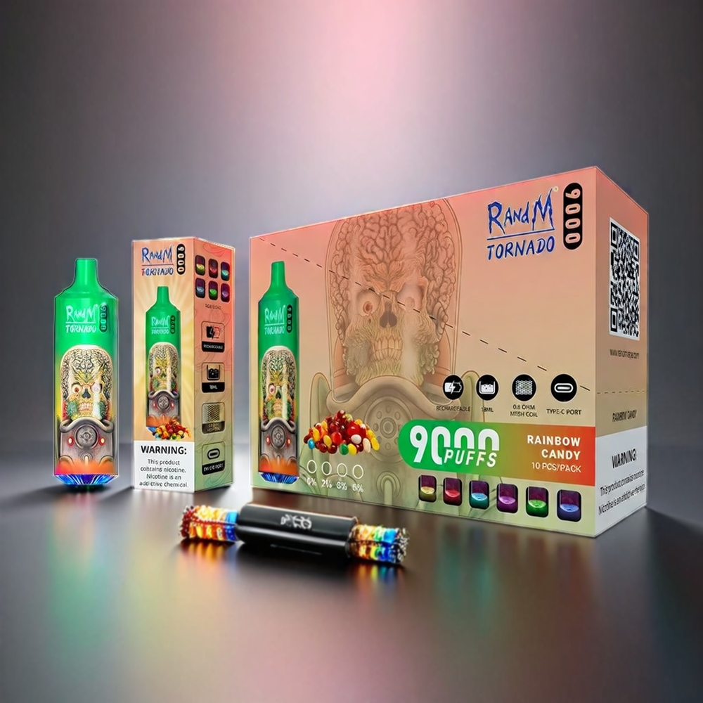 RandM Tornado 9000 Puffs Norge engros – 18 mL Væske, 850 mAh, Mesh Coil, Regnbuegodis