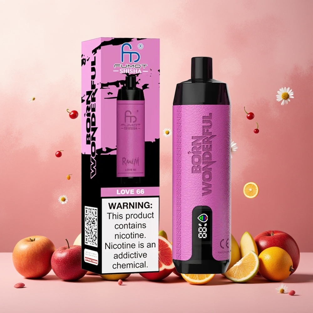 RandM Fumot Shisha 10000 Puffs Norge Engros Vape til engangsbruk Love 66 med 18ml Prefilled e-liquid, 850 mAh Batteri og Type-C Port