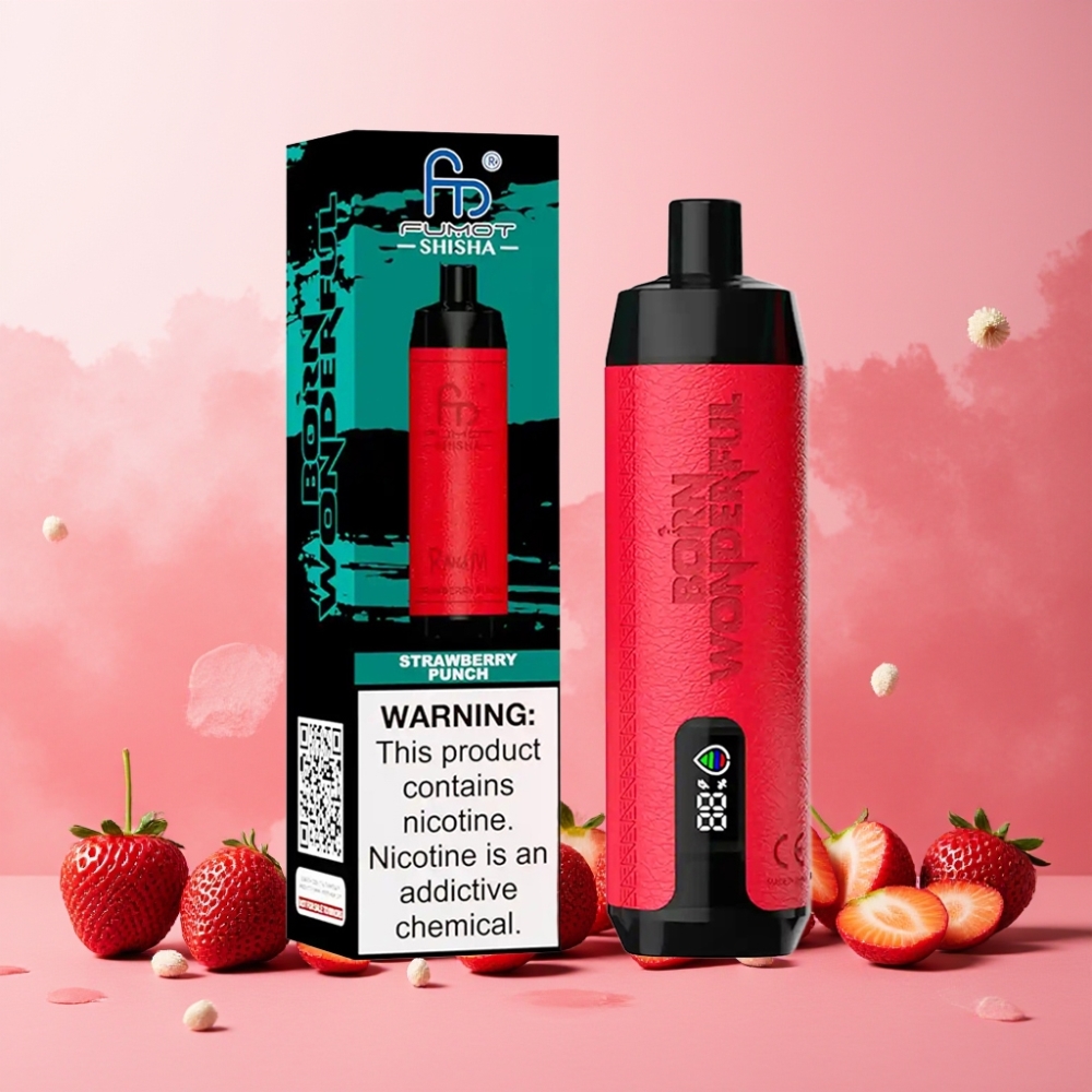 RandM Fumot Shisha Norge Engros 10000 Puffs 18ml Jordbær Punch Vape til engangsbruk med LED-Indikator og Type-C Lading