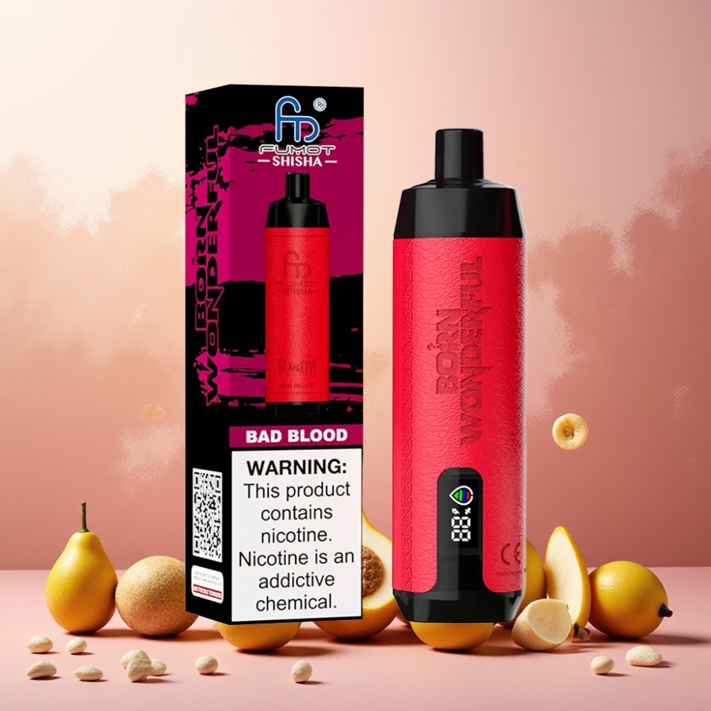 RandM Fumot Shisha Norge Engros – 10000 Puffs, 18ml e-væske, 850 mAh batteri, Type-C-lading, 0.5% nikotin – Bad Blood (Dårlig Blod)