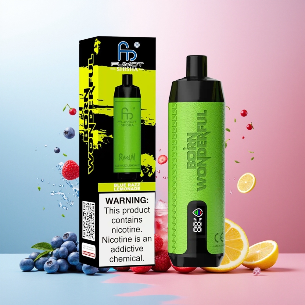 RandM Fumot Shisha Norge Engros 10000 Puffs Engangs Vape Blå Bringebær Lemonade med 18ml e-væske, 850 mAh Batteri og Type-C Port
