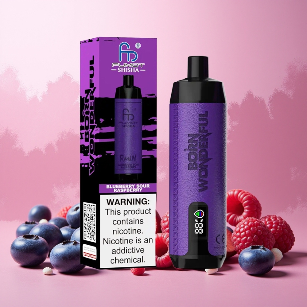 RandM Fumot Shisha Norge Engros 10000 Puffs Vape til engangsbruk Blåbær Sur Bringebær med 18ml e-væske, 850 mAh batteri og Type-C lading