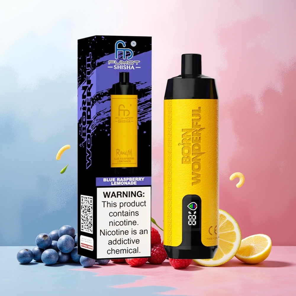 RandM Fumot Shisha Norge engros 10000 Puffs 18ml Blå Bringebær Lemonade Vape til engangsbruk med LED Indikator og Type-C Lading