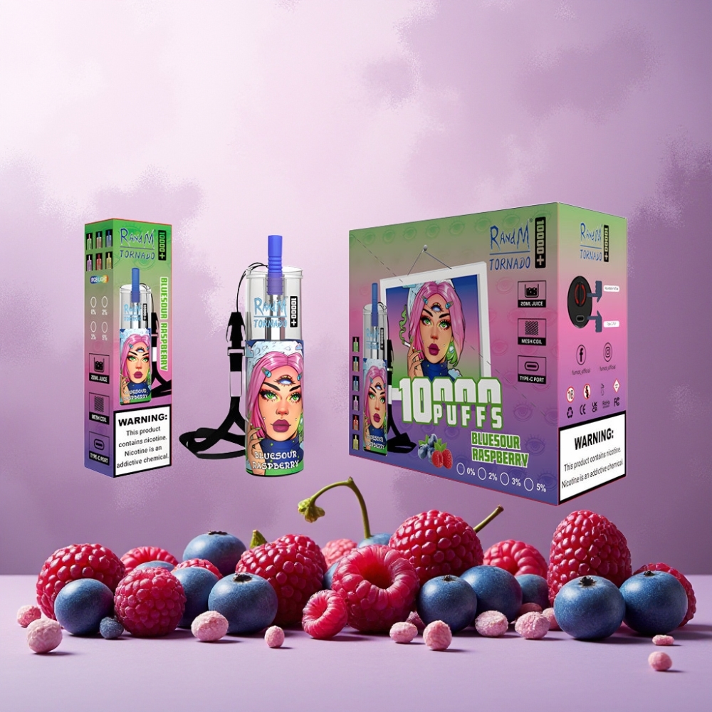 RandM Fumot Original Tornado 10000 Plus Norge Engros – Blåsur Bringebær – 20 ml Tank, 850 mAh Batteri, Mesh Coil, Type-C Port, RGB Lys