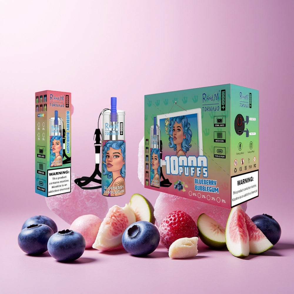 RandM Fumot Original Tornado 10000 Plus Norge Engros Vape til engangsbruk Blåbær Tyggegummi – 20 ml, 850 mAh, Mesh Coil, Type-C, RGB Lys