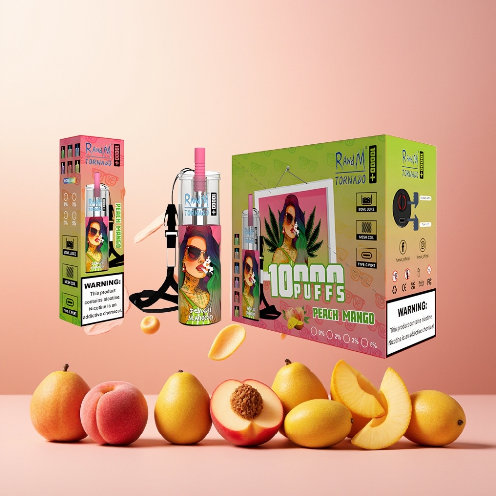RandM Fumot Original Tornado 10000 Plus Norge Engros Vape til engangsbruk Fersken Mango 20 ml 850 mAh Mesh Coil Type-C RGB Lys