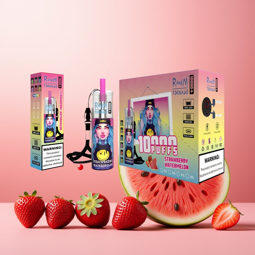 RandM Fumot Original Tornado 10000 Plus Norge Engros Vape til engangsbruk Jordbær Vannmelon 20 ml 850 mAh Mesh Coil Type-C RGB Lys