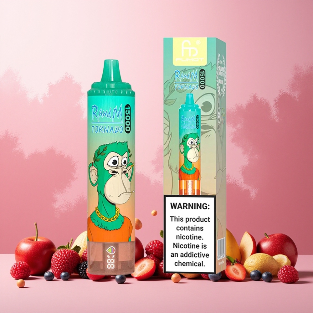 RandM Fumot Tornado 15000 Puffs Norge Engros – 25ml Kapasitet, 850mAh Batteri, Mesh Coil, USB-C, LCD Skjerm, Triple Berry Smak