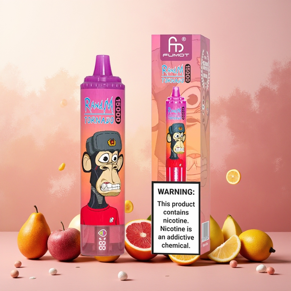RandM Fumot Tornado 15000 Puffs Norge Engros – 25ml Kapasitet, 850mAh Batteri, Type-C Ladbar, 0.9 Ohm Mesh Coil, Dragefrukt Smak