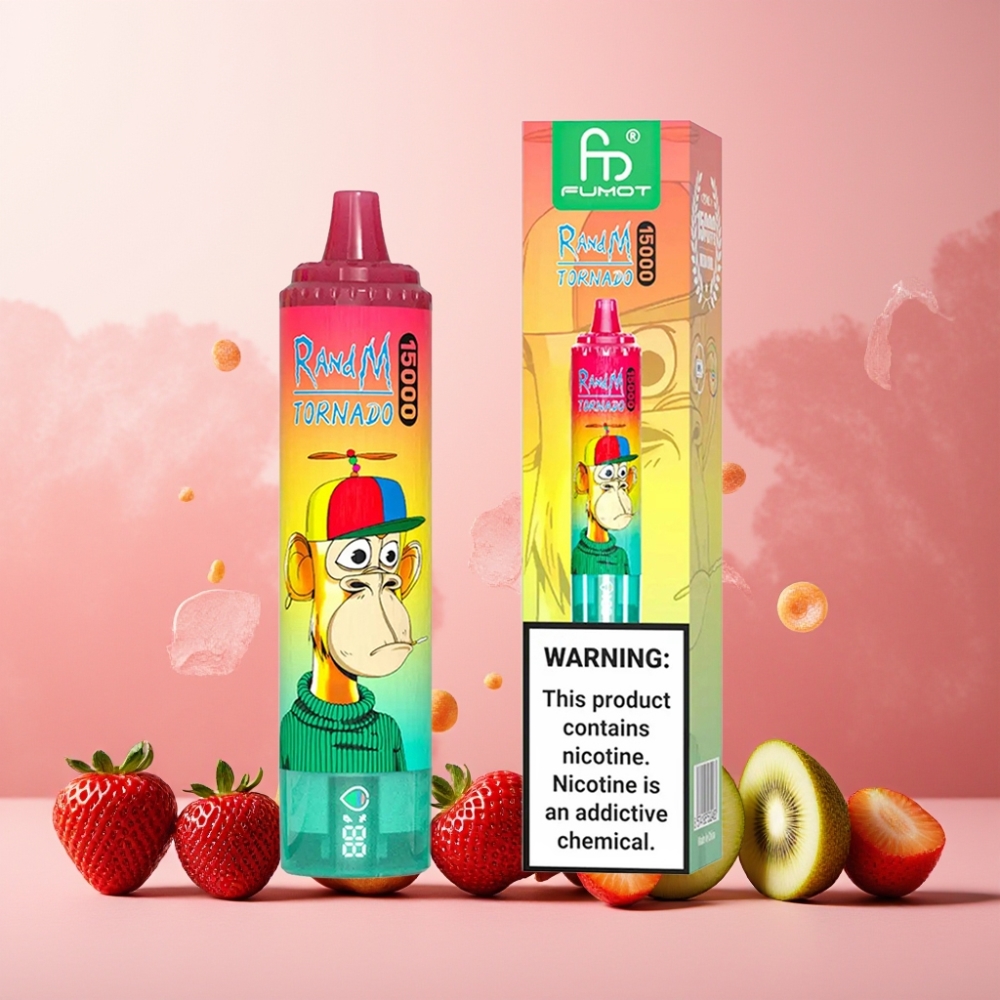 RandM Fumot Tornado 15000 Puffs Norge Engros – Jordbær/Kiwi – 25ml – 850mAh – Type-C – LCD Skjerm