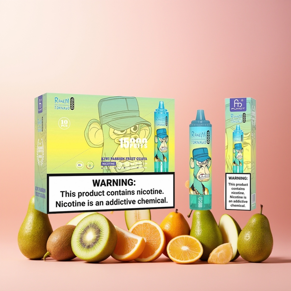 RandM Fumot Tornado 15000 Puffs Norge Engros – Kiwi, Passionsfrukt & Guava – 25ml Væske, 850mAh Batteri, Type-C-lading, LCD-skjerm
