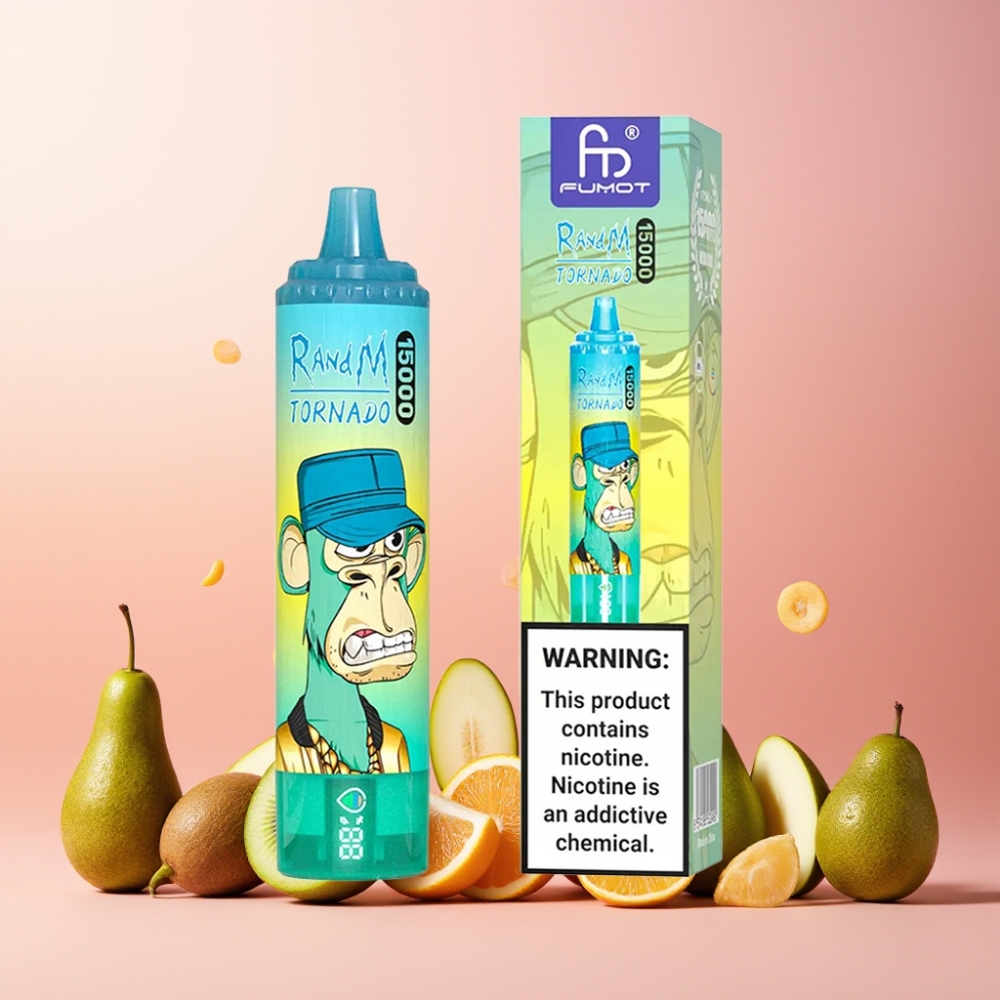 RandM Fumot Tornado 15000 Puffs Norge Engros – Kiwi, Passionsfrukt & Guava – 25ml Væske, 850mAh Batteri, Type-C-lading, LCD-skjerm