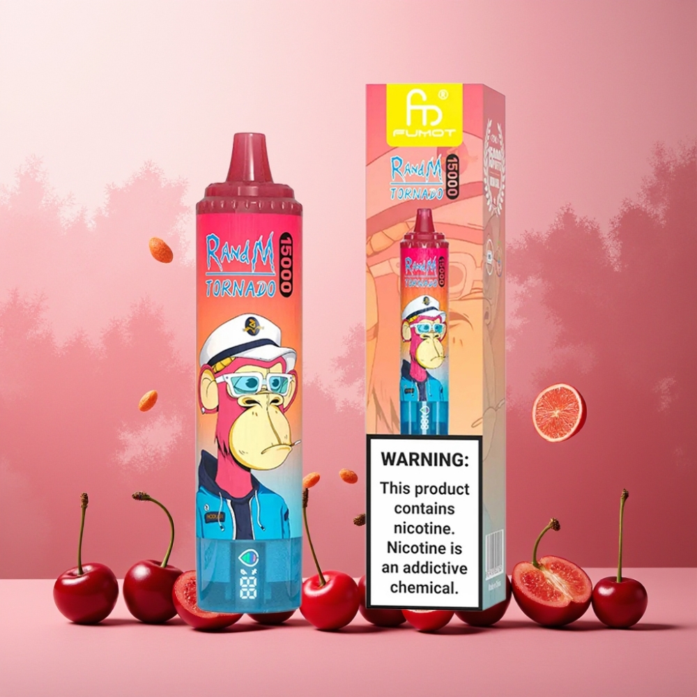 RandM Fumot Tornado 15000 Puffs Norge Engros Vape til engangsbruk 25ml 850mAh Type-C LCD Mesh Coil Kirsebær