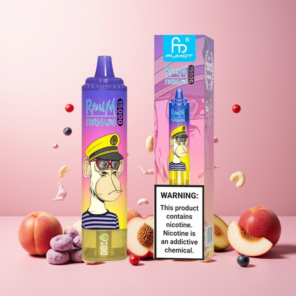 RandM Fumot Tornado 15000 Puffs Norge Engros Vape til engangsbruk Fersken Blåbær Godteri – 25ml, 850mAh, Type-C, LCD Skjerm