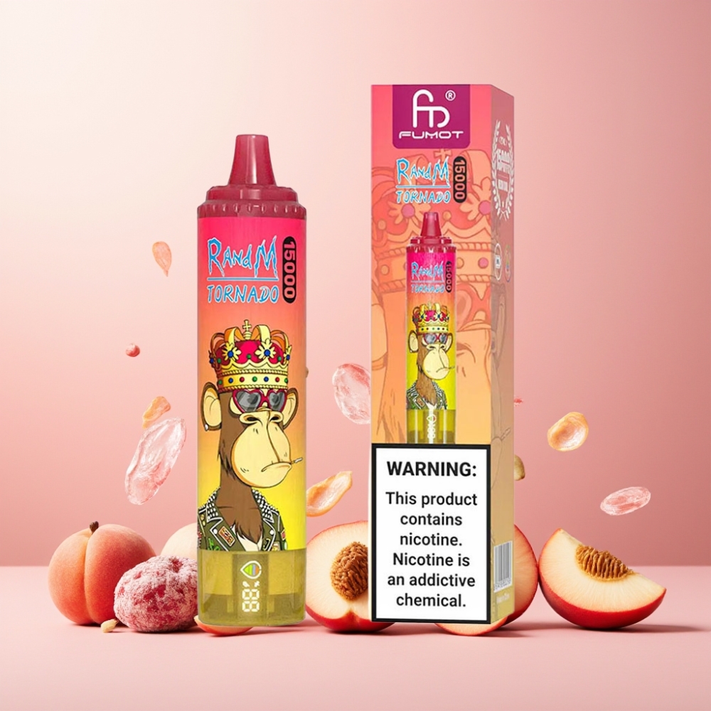 RandM Fumot Tornado 15000 Puffs Norge Engros Vape til engangsbruk Fersken Is 25ml 850mAh Type-C LCD Skjerm