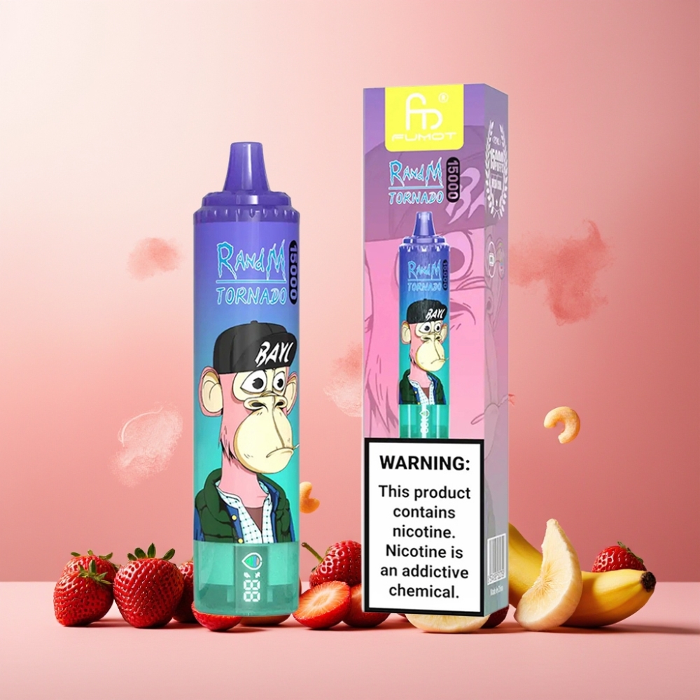 RandM Fumot Tornado 15000 Puffs Norge Engros Vape til engangsbruk Jordbær Banan 25ml 850mAh Type-C LCD Skjerm