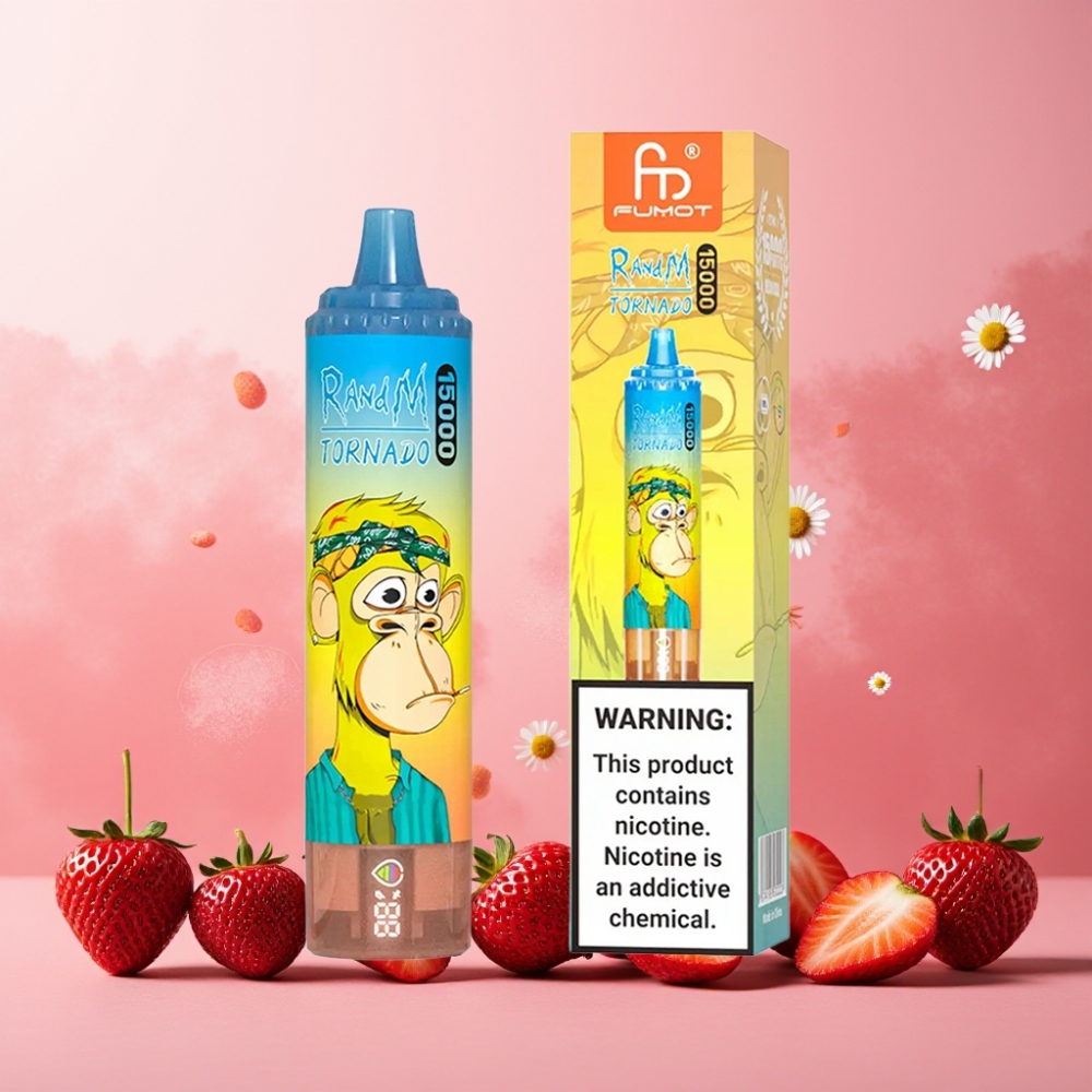 RandM Fumot Tornado 15000 Puffs Norge Engros Vape til engangsbruk Jordbær med 25ml Kapasitet, 850mAh Batteri & Type-C Lading