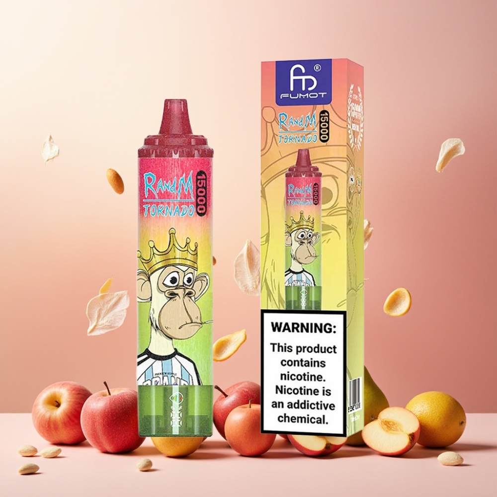 RandM Fumot Tornado 15000 Puffs Norge engros - 25ml E-Liquid, 850mAh, Type-C, LCD Skjerm - Eple Fersken Pære