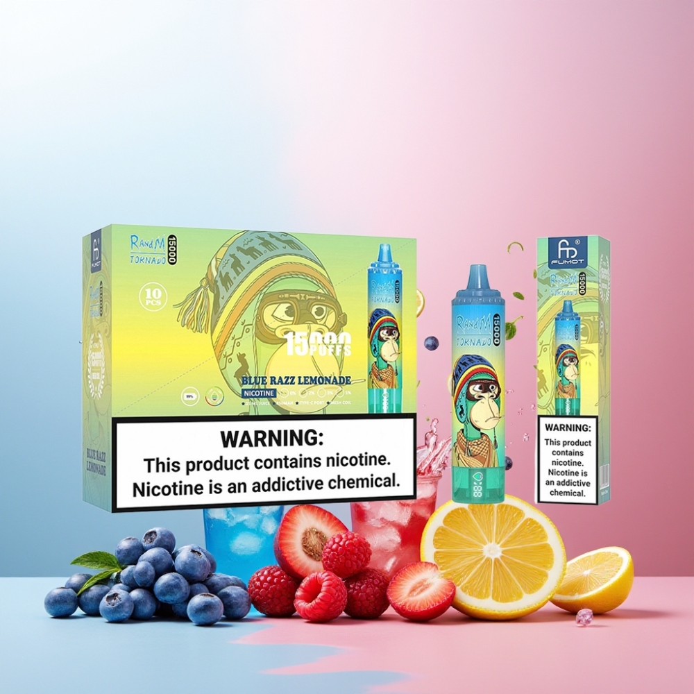 RandM Fumot Tornado 15000 Puffs Norge engros – Blå Bringebær Lemonade – 25ml Kapasitet, 850mAh Batteri, Type-C Lading, LCD Skjerm