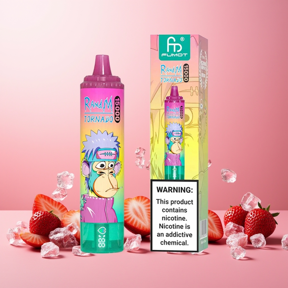 RandM Fumot Tornado 15 000 Puffs Norge Engros Vape til engangsbruk Jordbær Is med 25ml Kapasitet & 850mAh Type-C Ladbar LCD Skjerm