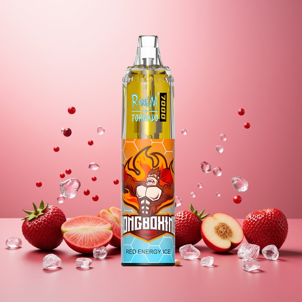 RandM Fumot Tornado 7000 Norge Engros – 14ML E-liquid, 850MAH Batteri, Mesh Coil, Type-C Port, RGB Lys, Rød Energi Is, Luftjusterbar