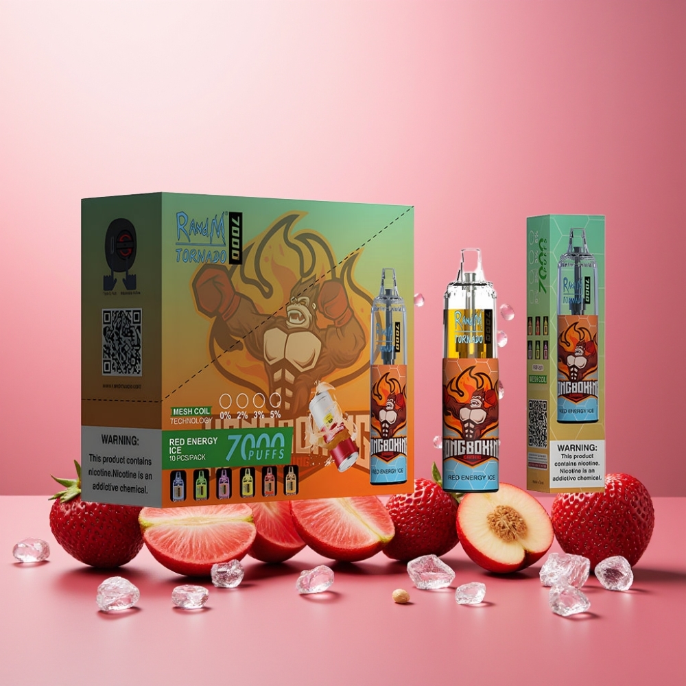 RandM Fumot Tornado 7000 Norge Engros – 14ML E-liquid, 850MAH Batteri, Mesh Coil, Type-C Port, RGB Lys, Rød Energi Is, Luftjusterbar