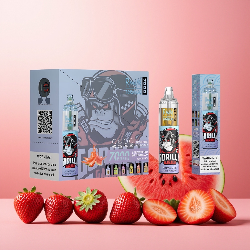 RandM Fumot Tornado 7000 Norge Engros – 14ML E-liquid, 850MAH, Mesh Coil, Type-C – Jordbær og Vannmelon