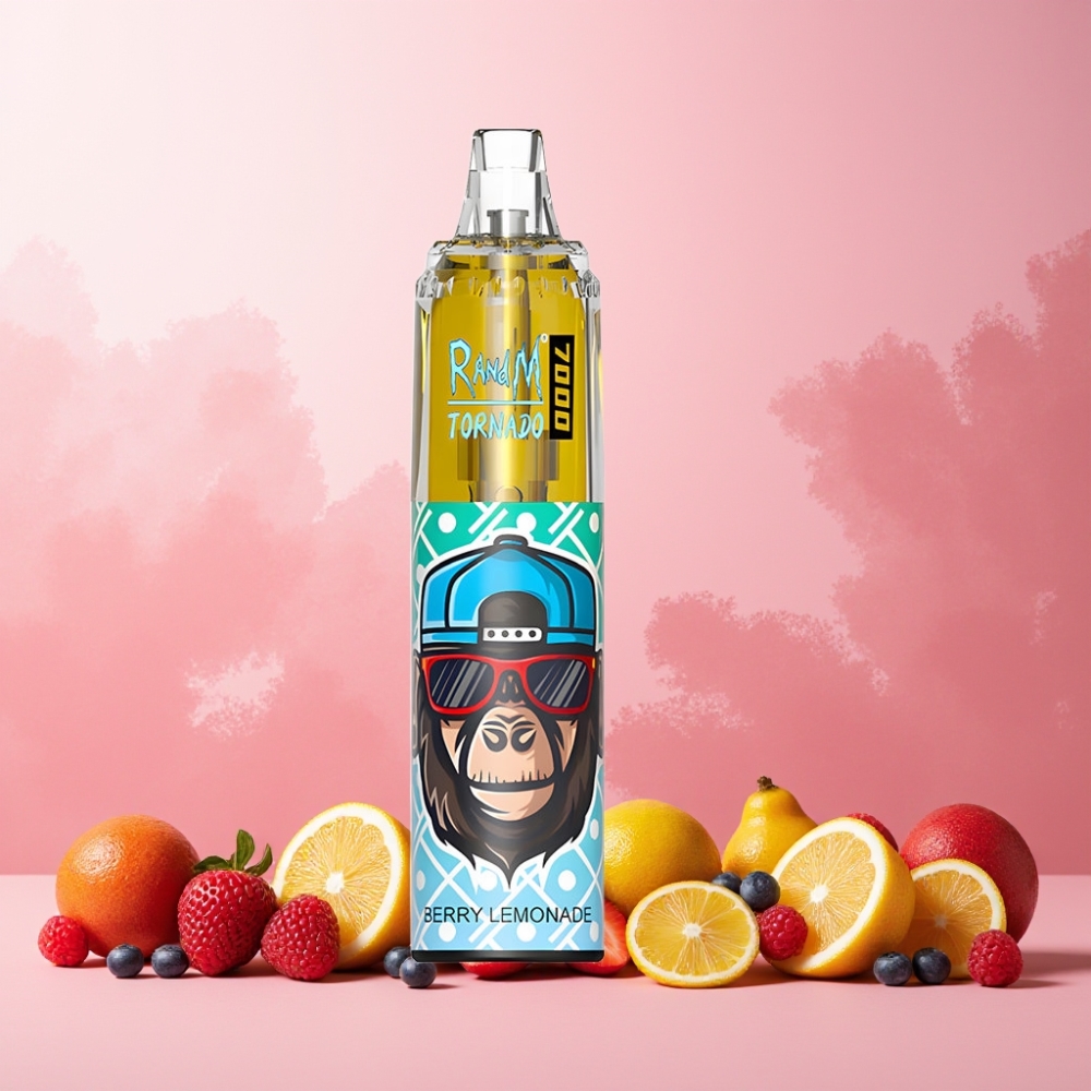 RandM Fumot Tornado 7000 Norge Engros – 14 ML E-liquid, 850 MAH Batteri, Mesh Coil, Type-C Port, RGB Lys, Justerbar Luft – Bær Lemonade
