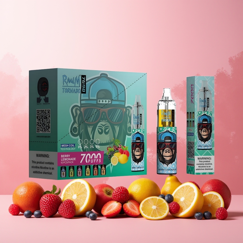 RandM Fumot Tornado 7000 Norge Engros – 14 ML E-liquid, 850 MAH Batteri, Mesh Coil, Type-C Port, RGB Lys, Justerbar Luft – Bær Lemonade