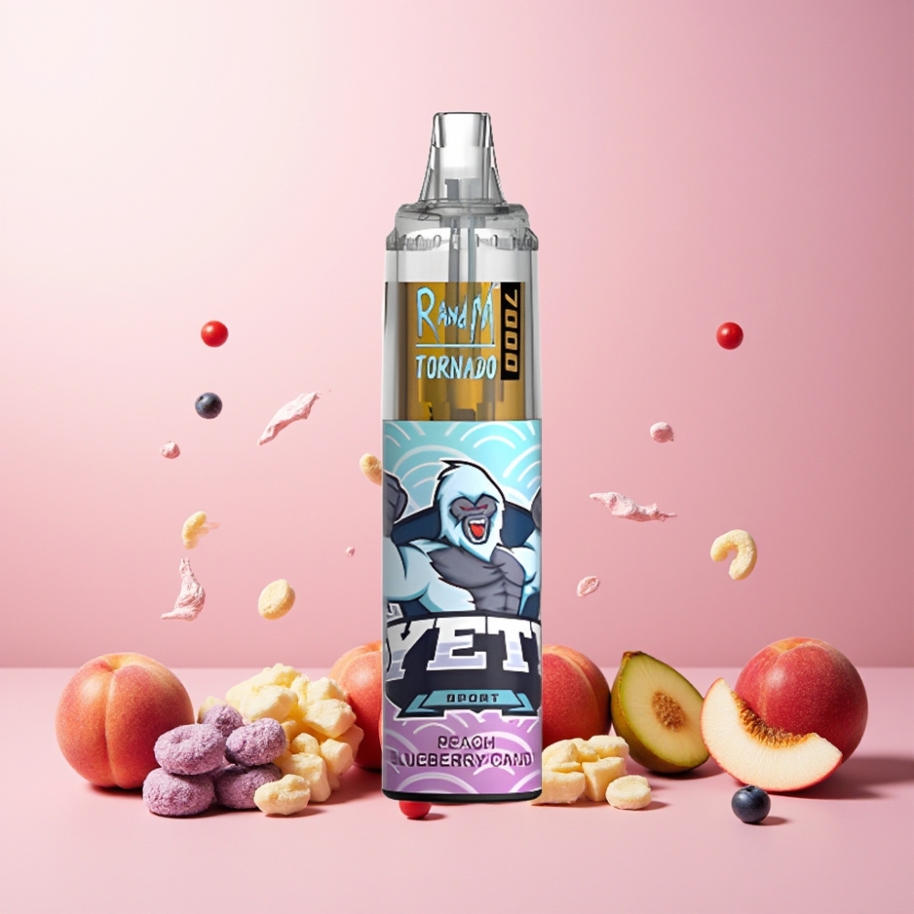 RandM Fumot Tornado 7000 Norge Engros – 14 ML E-liquid, 850 MAH Battery, Mesh Coil, Type-C Port, Justert Luftstrøm – Fersken og Blåbær Candy