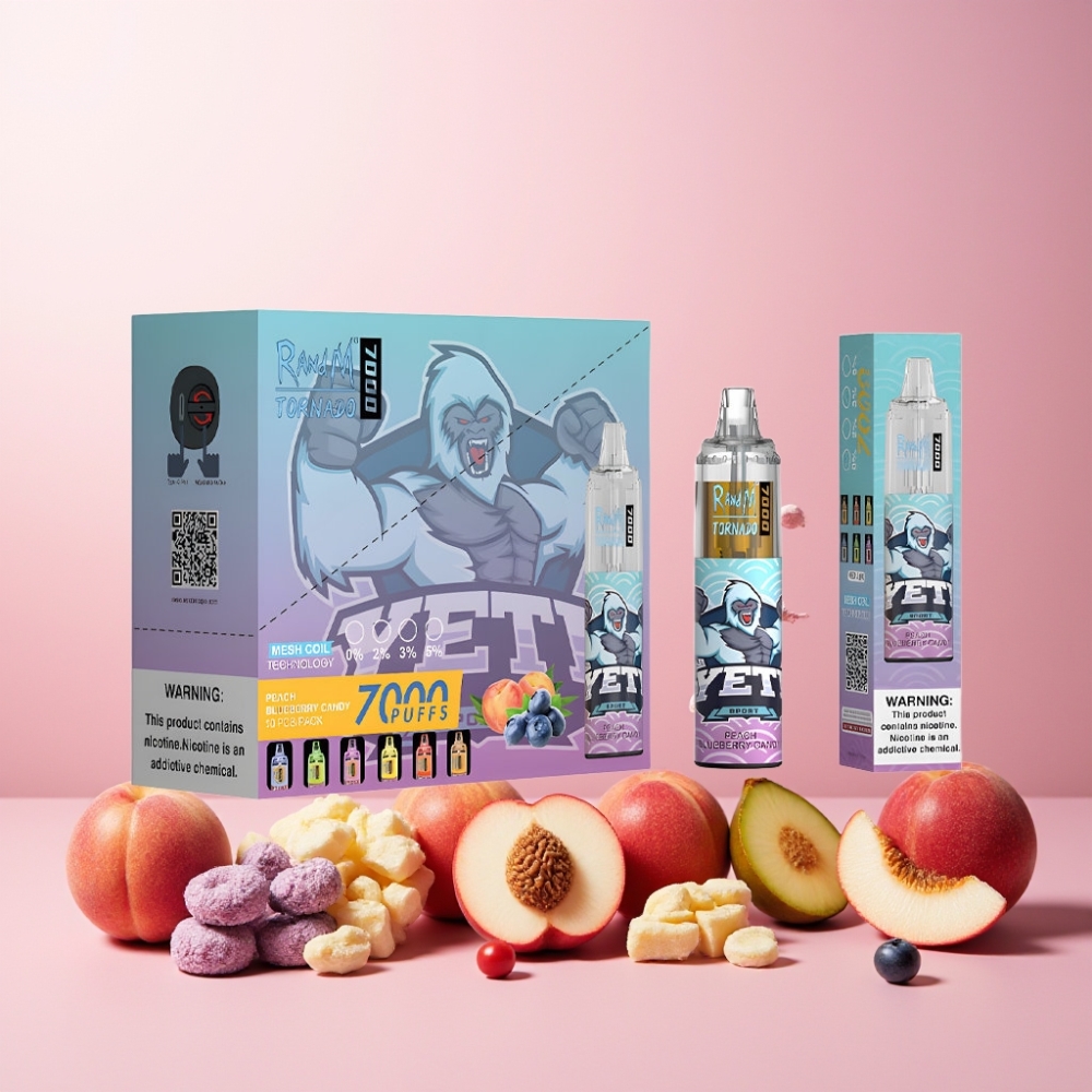 RandM Fumot Tornado 7000 Norge Engros – 14 ML E-liquid, 850 MAH Battery, Mesh Coil, Type-C Port, Justert Luftstrøm – Fersken og Blåbær Candy